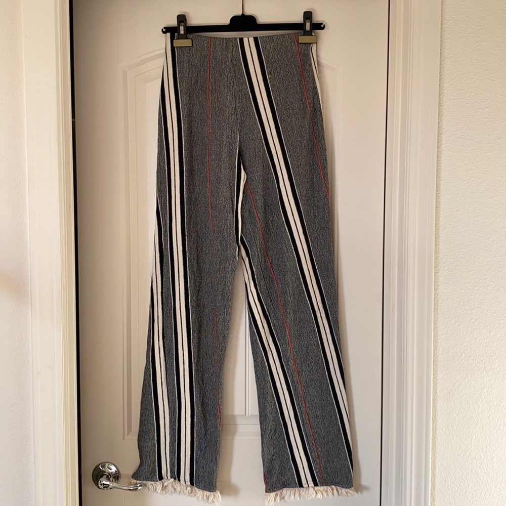 Zara bohemian Multicolored Vertical Striped Pants With Fringe Hem Small